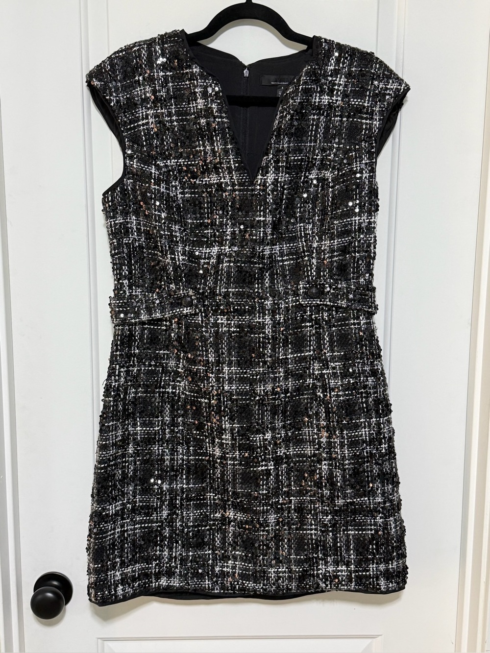 NWOT White House Black Market Black and White Tweed V-Neck Mini Dress